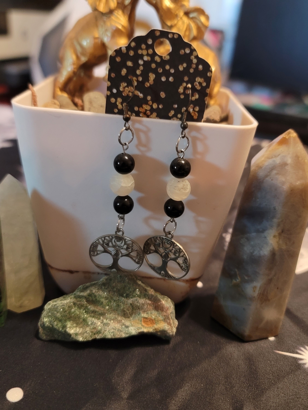 🔥3 For $20 Handcrafted Black & White Stone Beaded Tree of Life Earrings